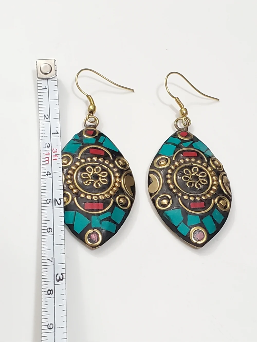 Tibetan Style Blue & Red Turquoise Dangle Earrings - Picture 5 of 6